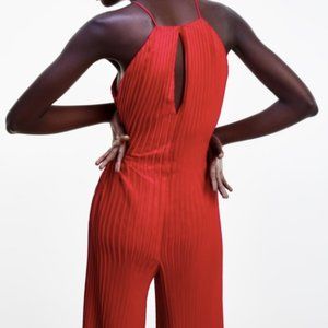 Zara Red Pleated Halter Wide Leg Jumpsuit